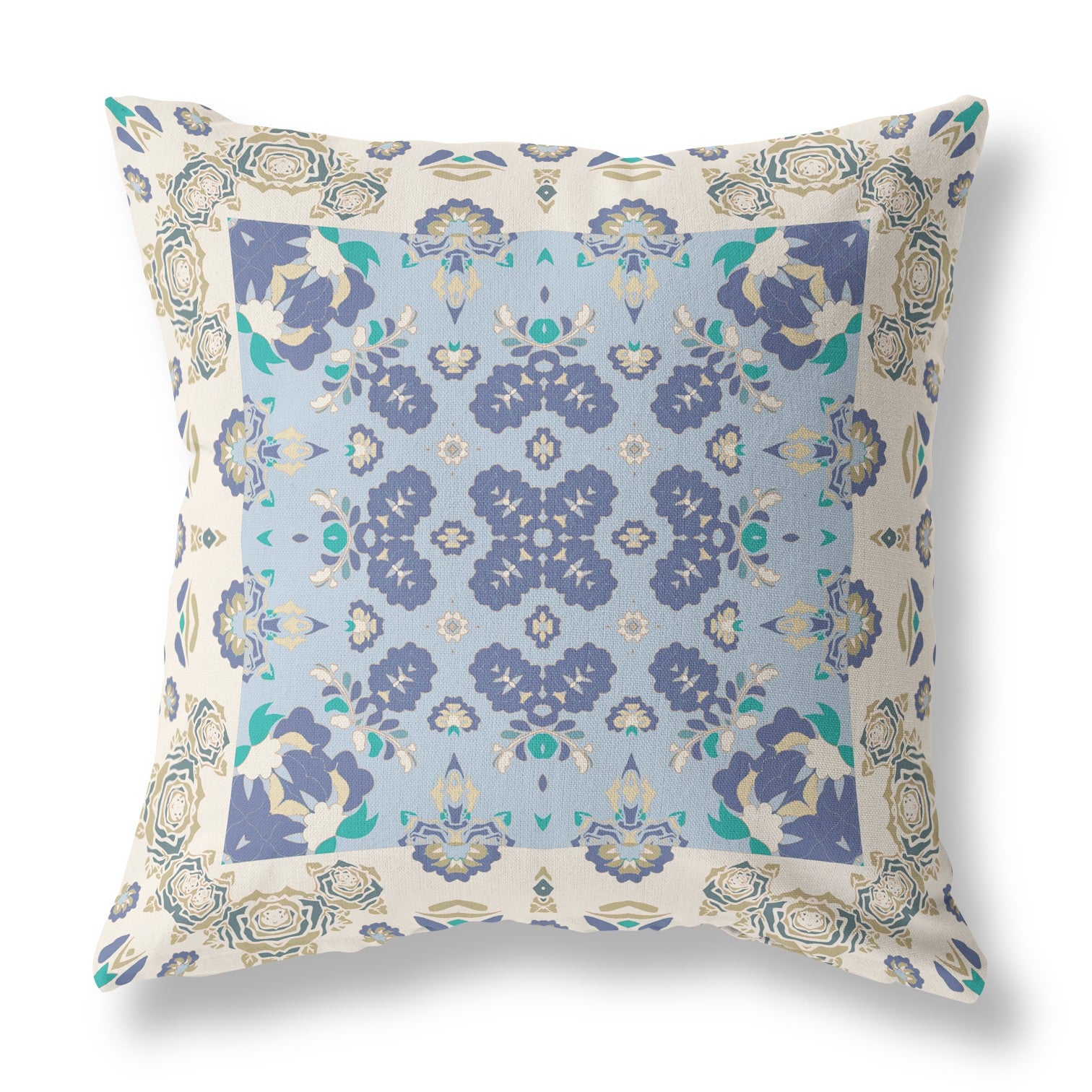 16” White Blue Rose Box Indoor Outdoor Zippered Throw Pillow