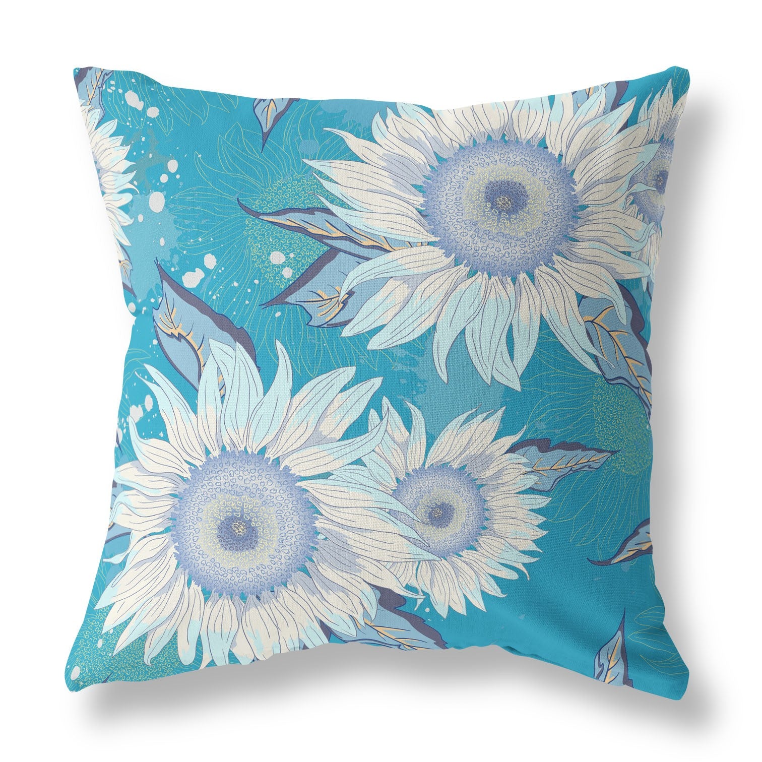 18" Aqua White Sunflower Indoor Outdoor Zippered Throw Pillow