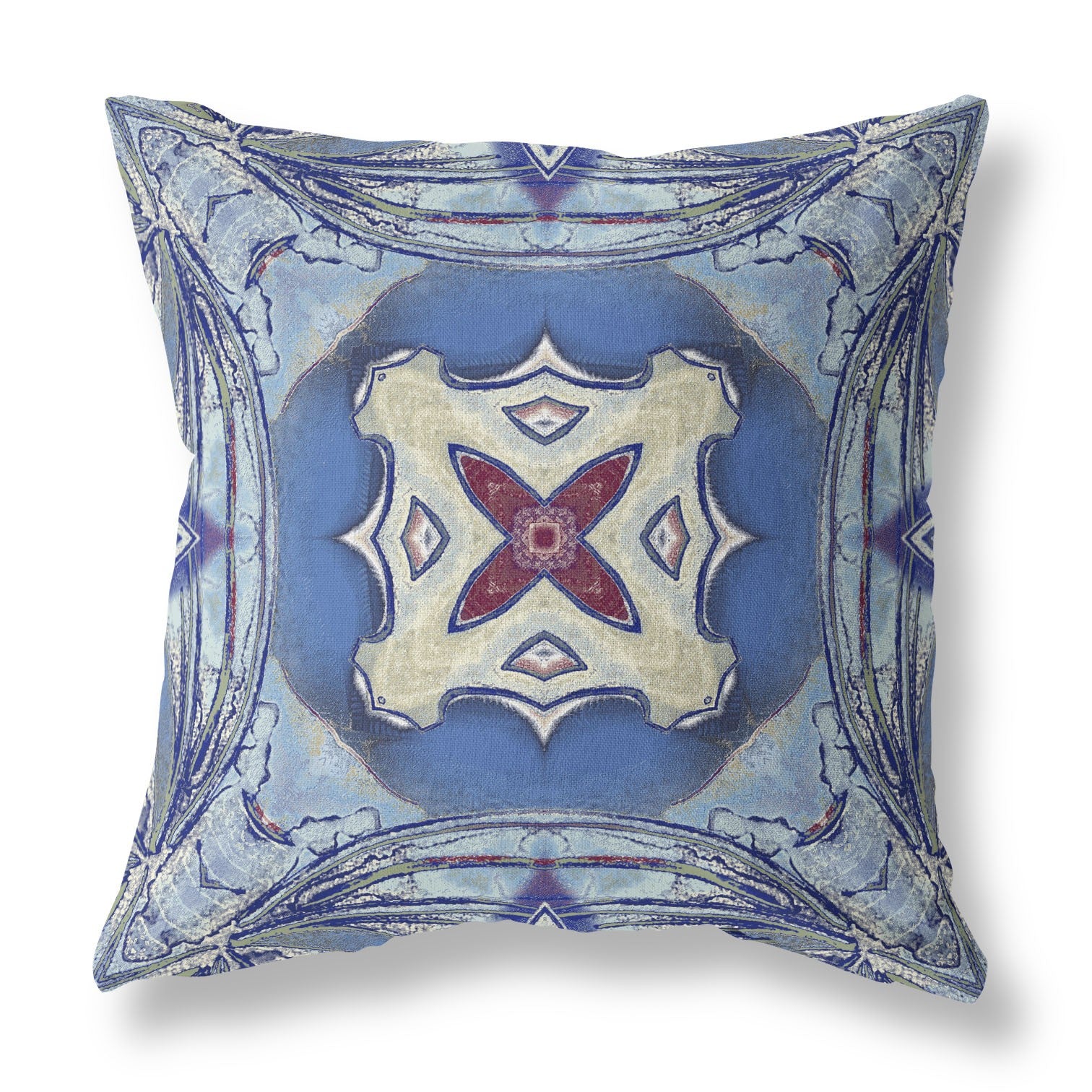 18” Blue Cream Geo Tribal Indoor Outdoor Throw Pillow