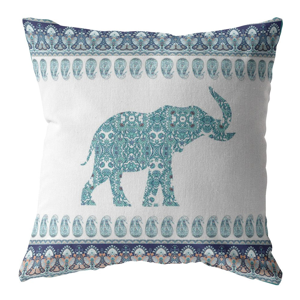 16” Teal Ornate Elephant Indoor Outdoor Throw Pillow