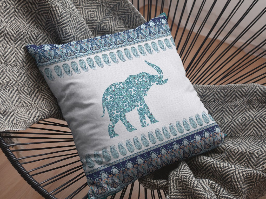 16” Teal Ornate Elephant Indoor Outdoor Throw Pillow