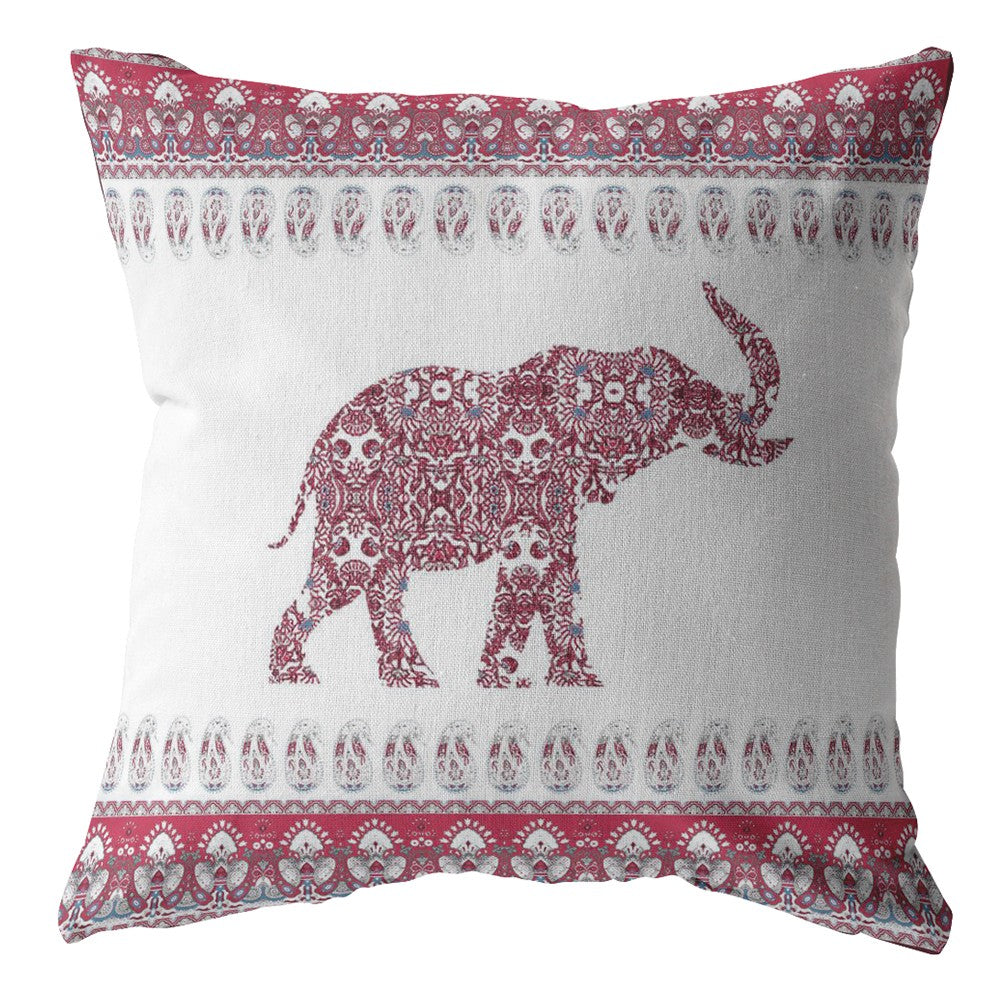 18” Red White Ornate Elephant Indoor Outdoor Throw Pillow