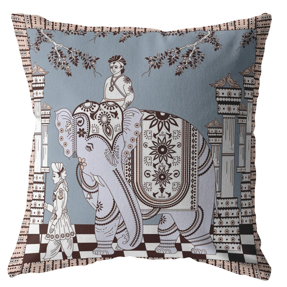 16” Blue Brown Ornate Elephant Indoor Outdoor Throw Pillow