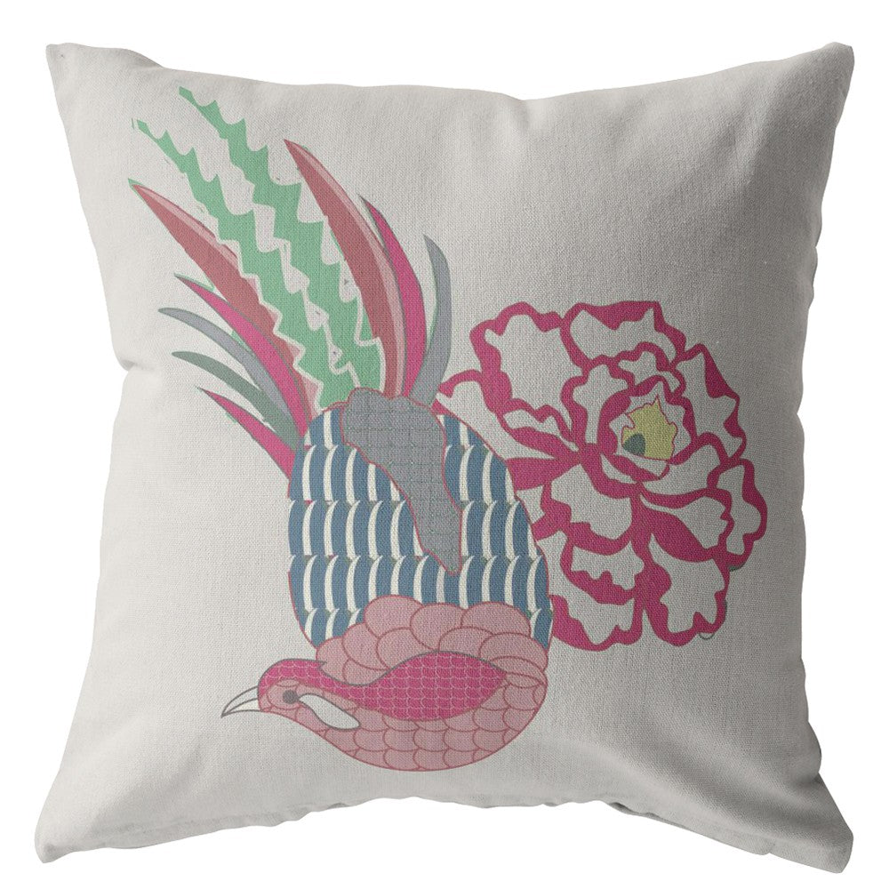 16” Pink White Peacock Indoor Outdoor Throw Pillow