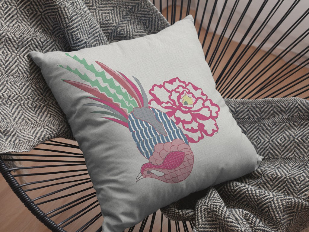 18” Pink White Peacock Indoor Outdoor Throw Pillow