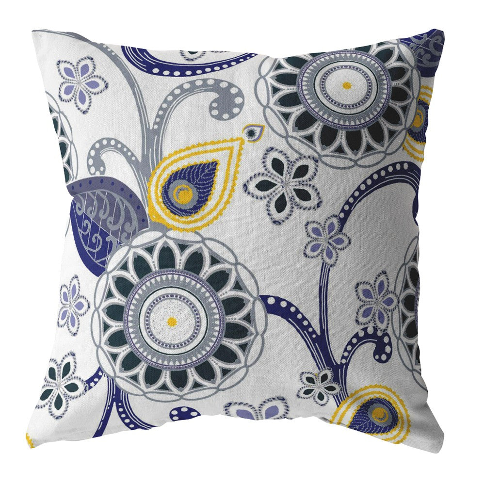 16” Navy White Floral Indoor Outdoor Throw Pillow