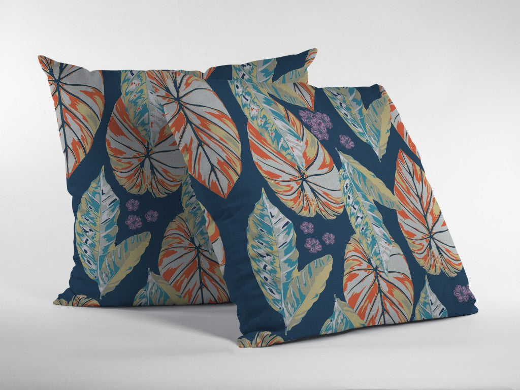 18” Orange Blue Tropical Leaf Indoor Outdoor Throw Pillow