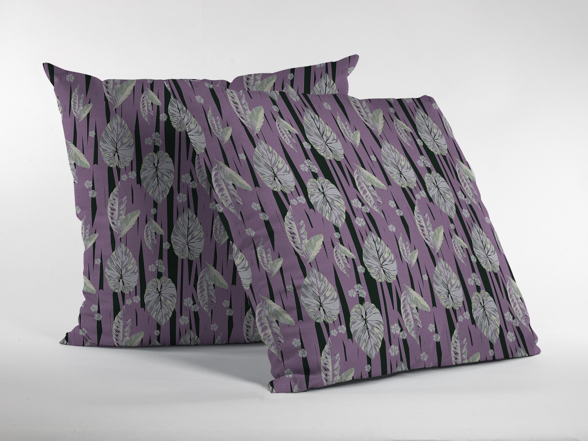 18” Lavender Black Fall Leaves Indoor Outdoor Throw Pillow