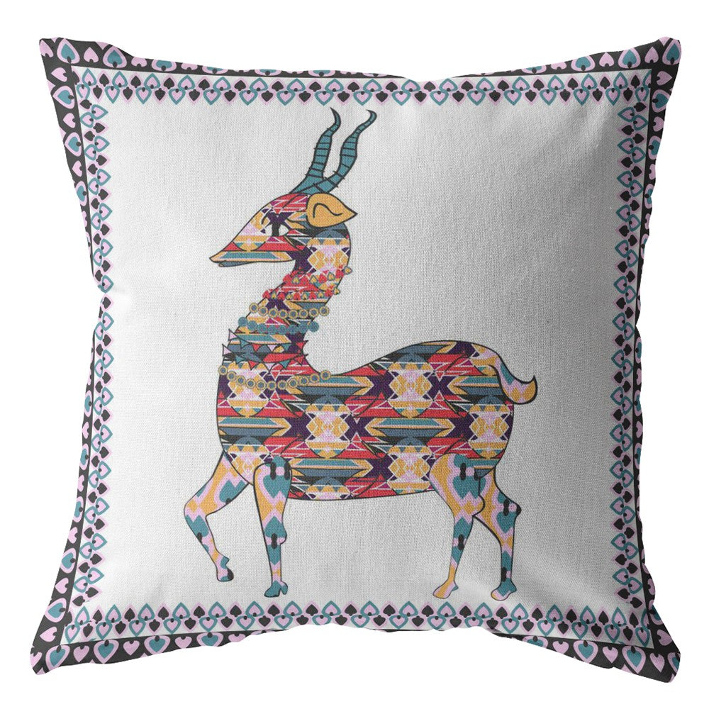 18" Blue White Boho Deer Indoor Outdoor Zippered Throw Pillow