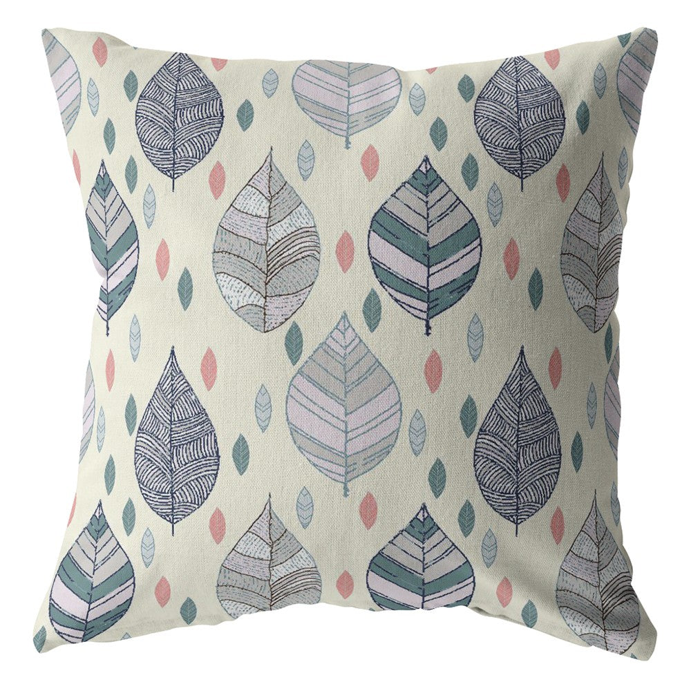 16” Cream Gray Leaves Indoor Outdoor Zippered Throw Pillow