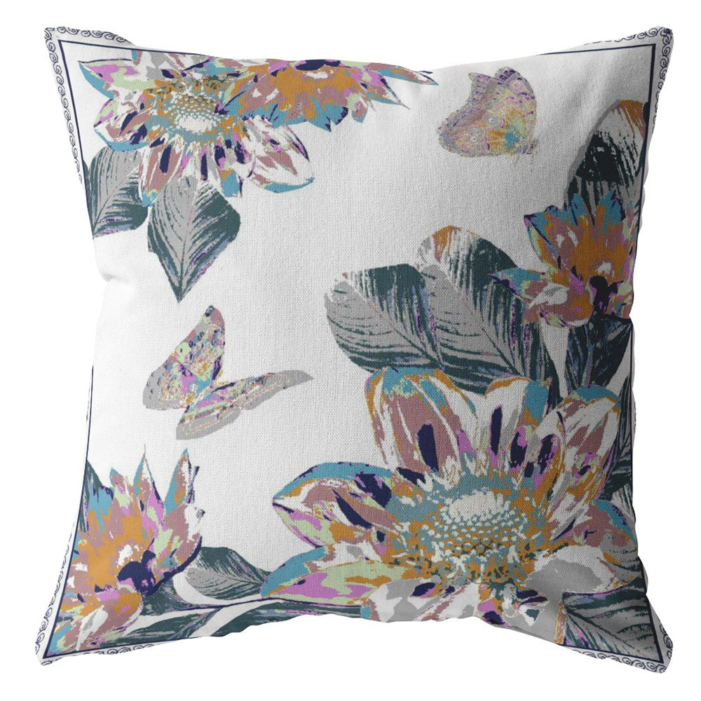 18” Pink White Butterfly Indoor Outdoor Zippered Throw Pillow