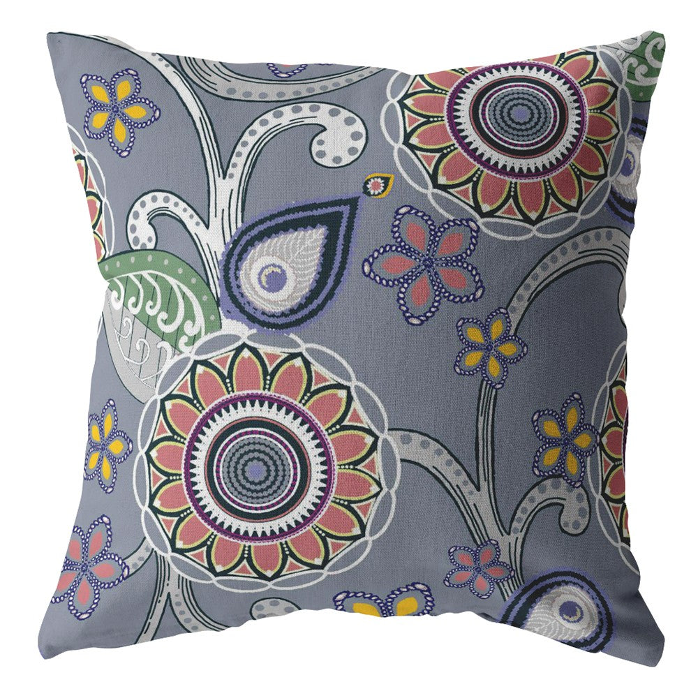 18” Gray Pink Floral Indoor Outdoor Zippered Throw Pillow
