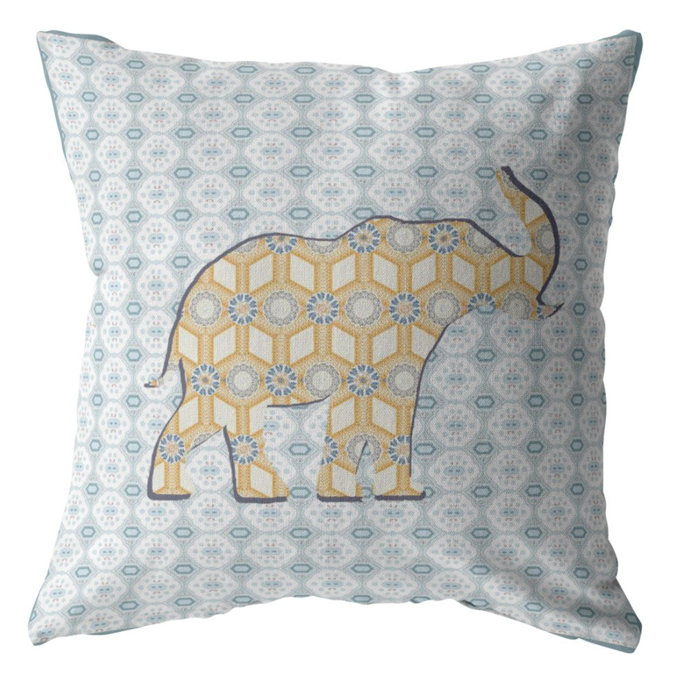 18" Blue Yellow Elephant Indoor Outdoor Zip Throw Pillow