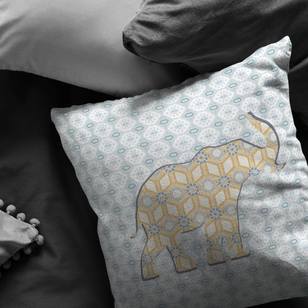 18" Blue Yellow Elephant Indoor Outdoor Zip Throw Pillow