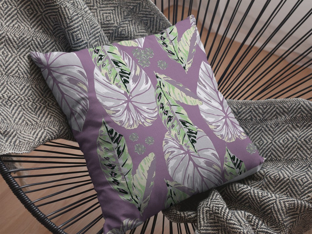 18” White Purple Tropical Leaf Indoor Outdoor Zippered Throw Pillow