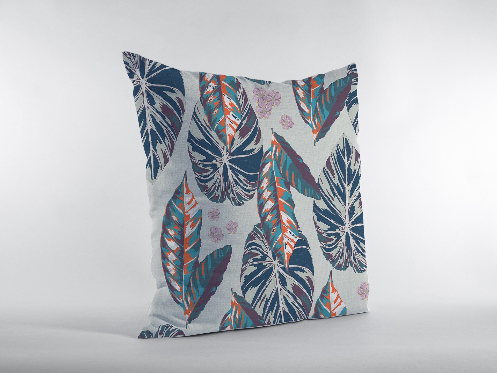 16” Blue Gray Tropical Leaf Indoor Outdoor Zippered Throw Pillow