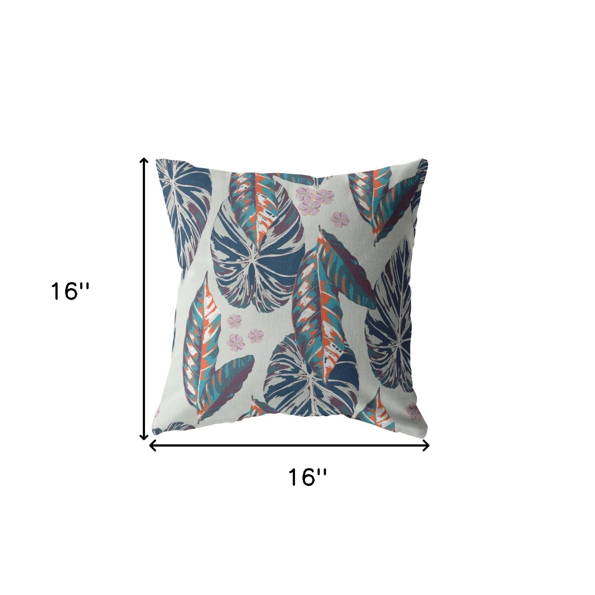 16” Blue Gray Tropical Leaf Indoor Outdoor Zippered Throw Pillow