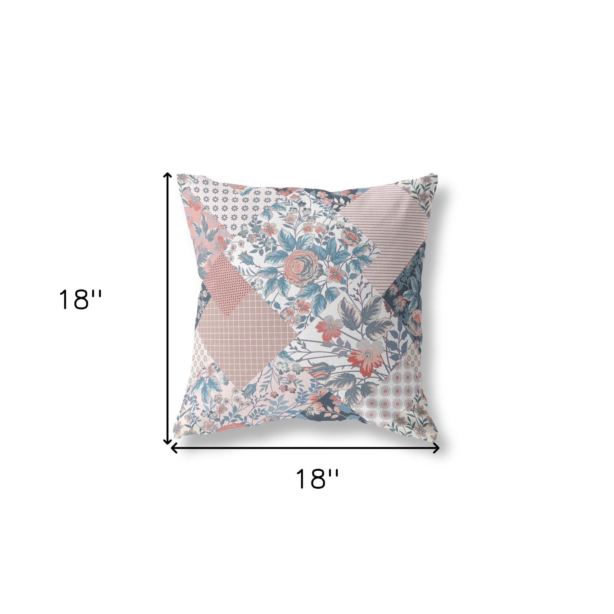 18" Pink Blue Boho Floral Indoor Outdoor Throw Pillow