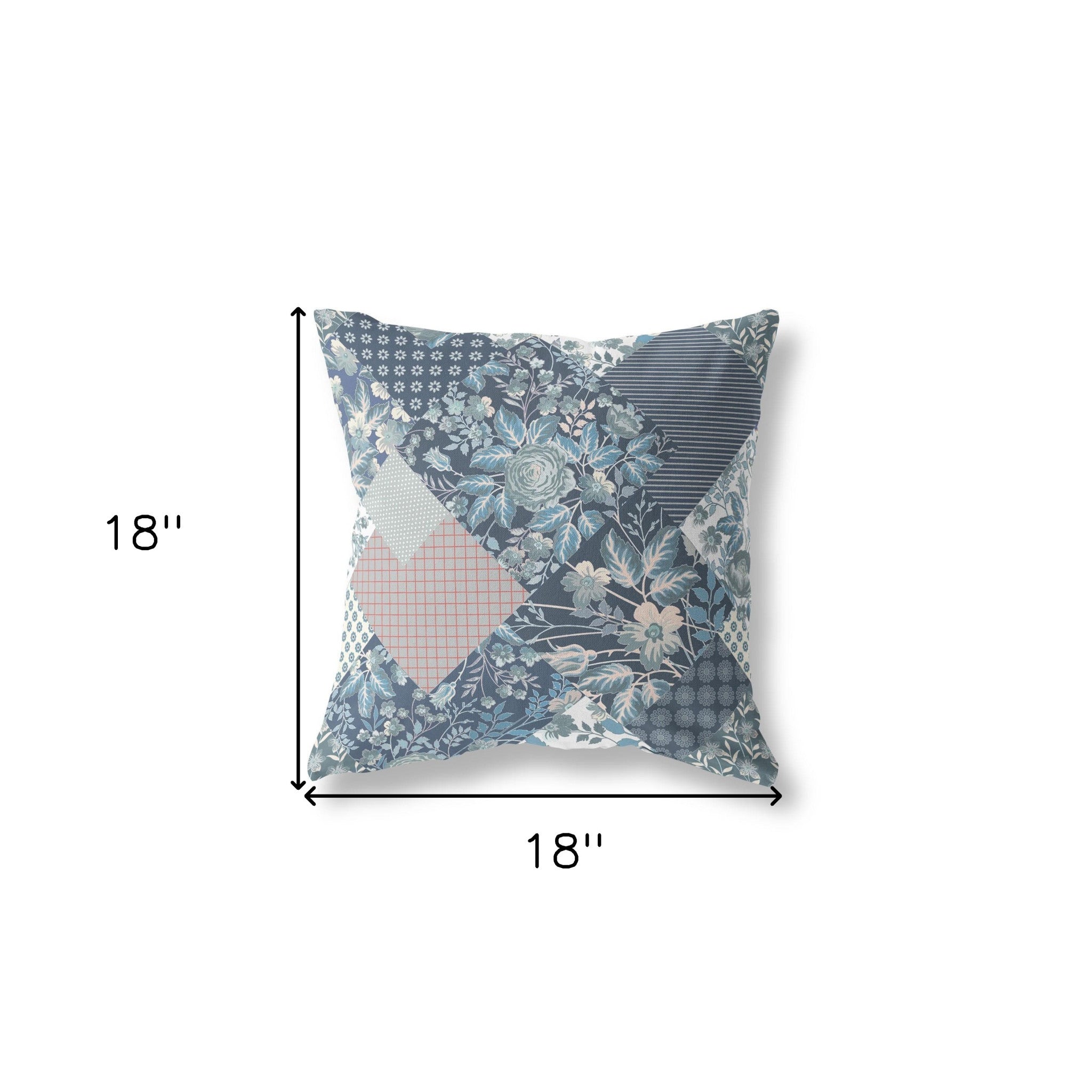 18" Blue White Boho Floral Indoor Outdoor Throw Pillow