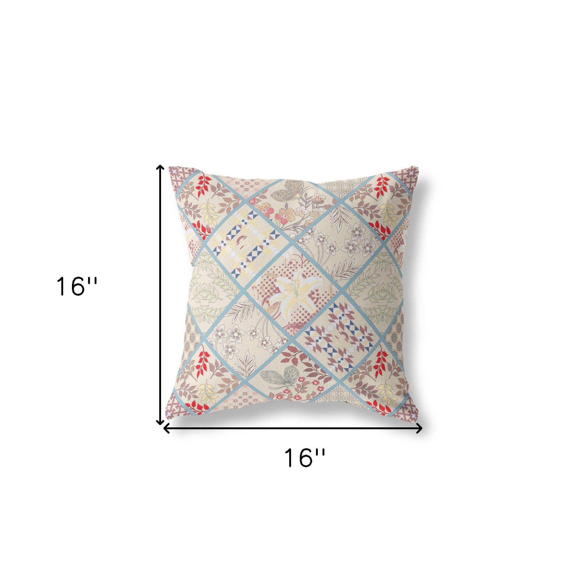 16” Cream Red Patch Indoor Outdoor Throw Pillow