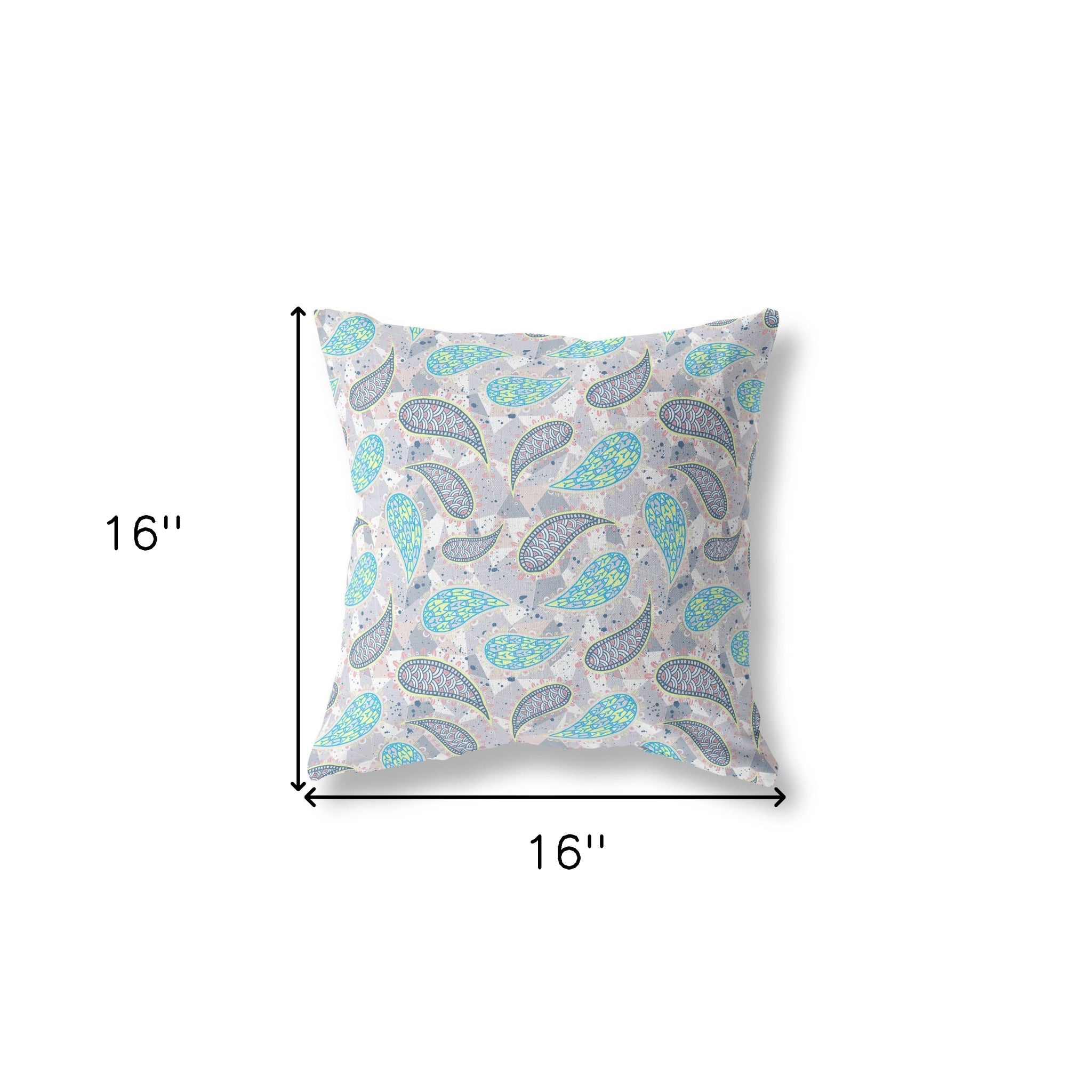 16” Gray Green Boho Paisley Indoor Outdoor Throw Pillow