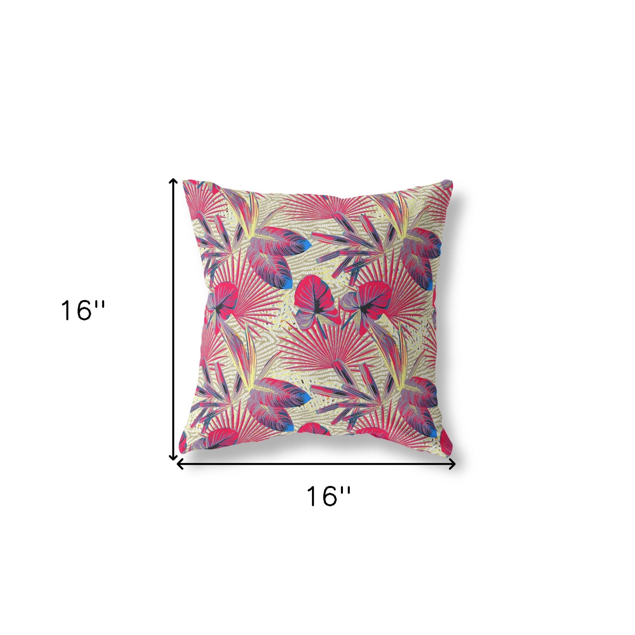 16” Pink Yellow Tropical Indoor Outdoor Throw Pillow