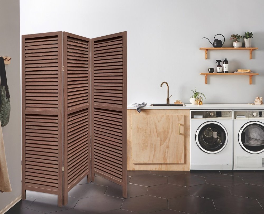 67" Brown Solid Wood Folding Three Panel Screen Room Divider