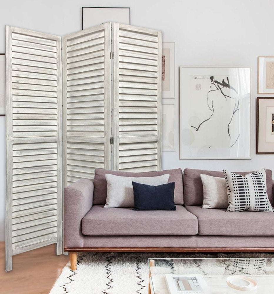67" White Solid Wood Folding Three Panel Screen Room Divider