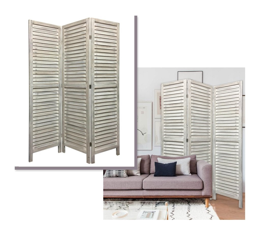67" White Solid Wood Folding Three Panel Screen Room Divider