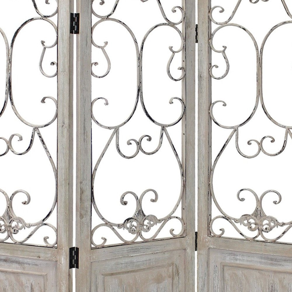 68" Beige Metal And Wood Folding Three Panel Screen Room Divider