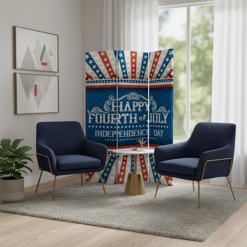 72" Blue And White Folding Three Panel Screen Room Divider