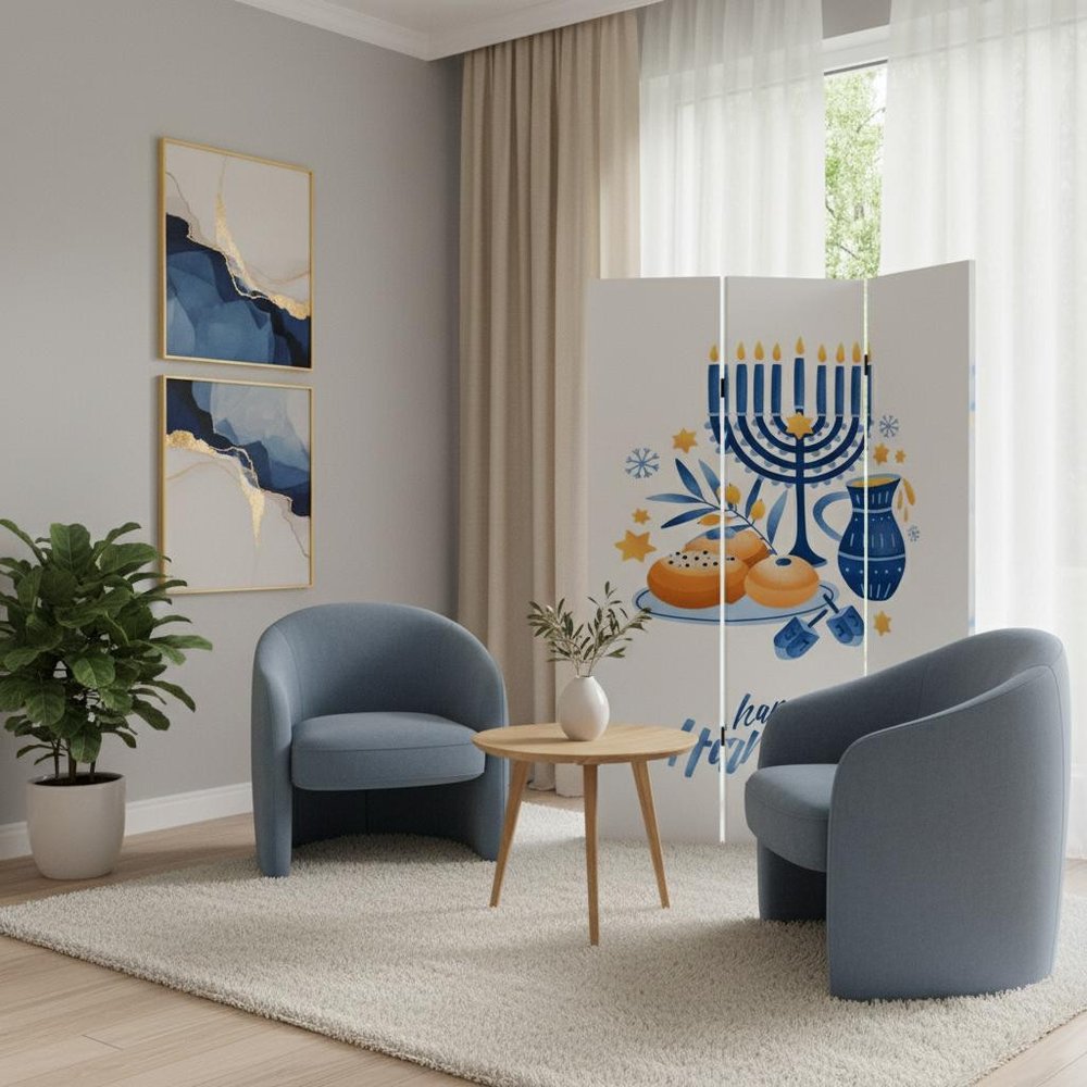 Celebratory Hanukkah Three Panel Room Divider Screen