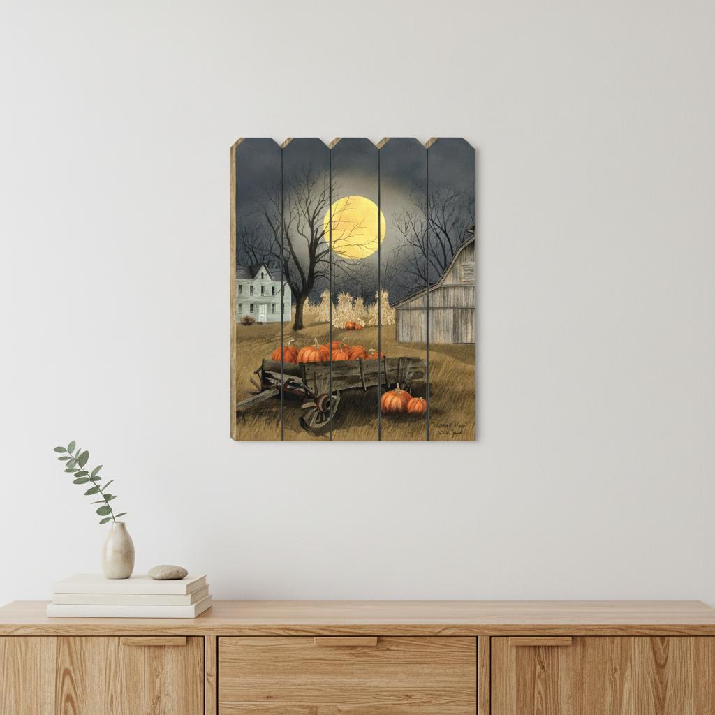 20" X 15" Black And Orange Wood Plank Autumn Harvest Moon Hanging Dimensional Sculpture