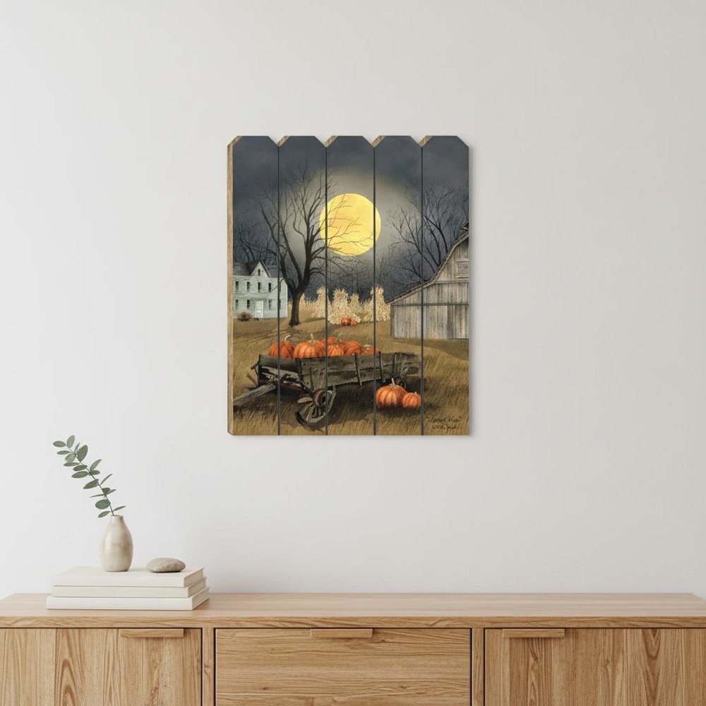 20" X 15" Black And Orange Wood Plank Autumn Harvest Moon Hanging Dimensional Sculpture