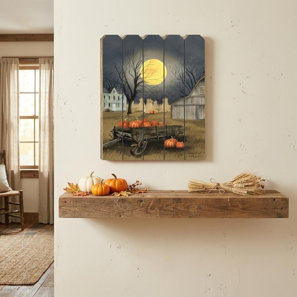 20" X 15" Black And Orange Wood Plank Autumn Harvest Moon Hanging Dimensional Sculpture