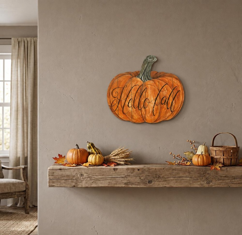 15" X 17" Brown And Orange Wood Hello Fall Pumpkin Hanging Dimensional Sculpture