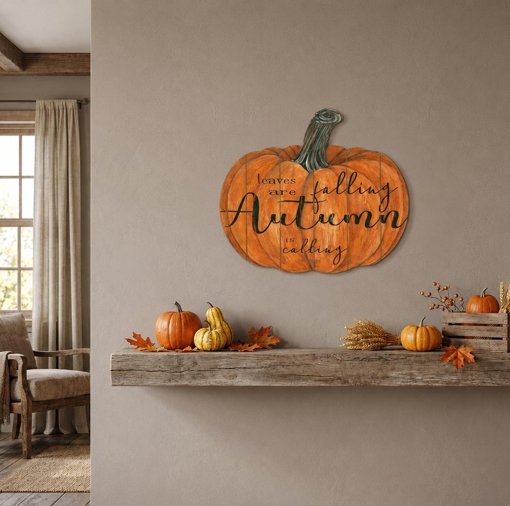 15" X 17" Orange And Black Wood Leaves Are Falling Autumn Is Calling Pumpkin Hanging Dimensional Sculpture
