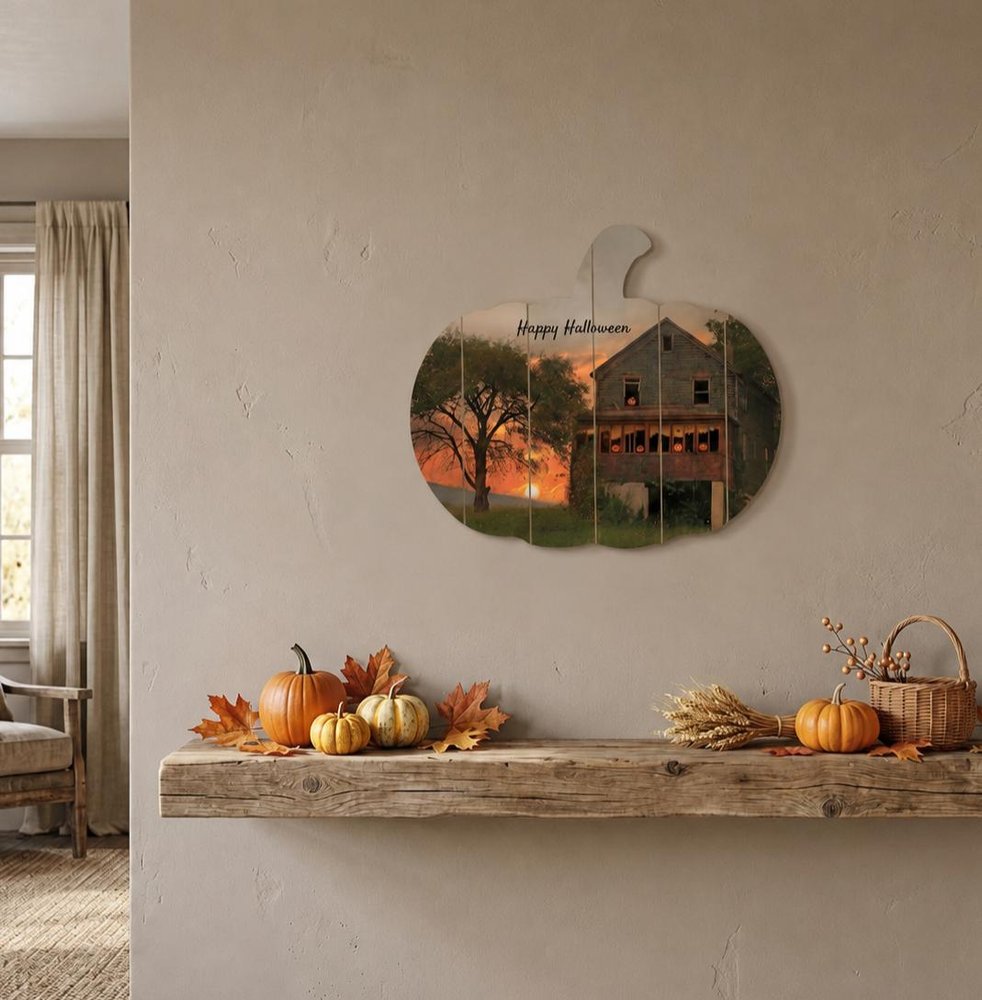 15" X 17" Black And Orange Wood Happy Halloween Pumpkin Hanging Dimensional Sculpture