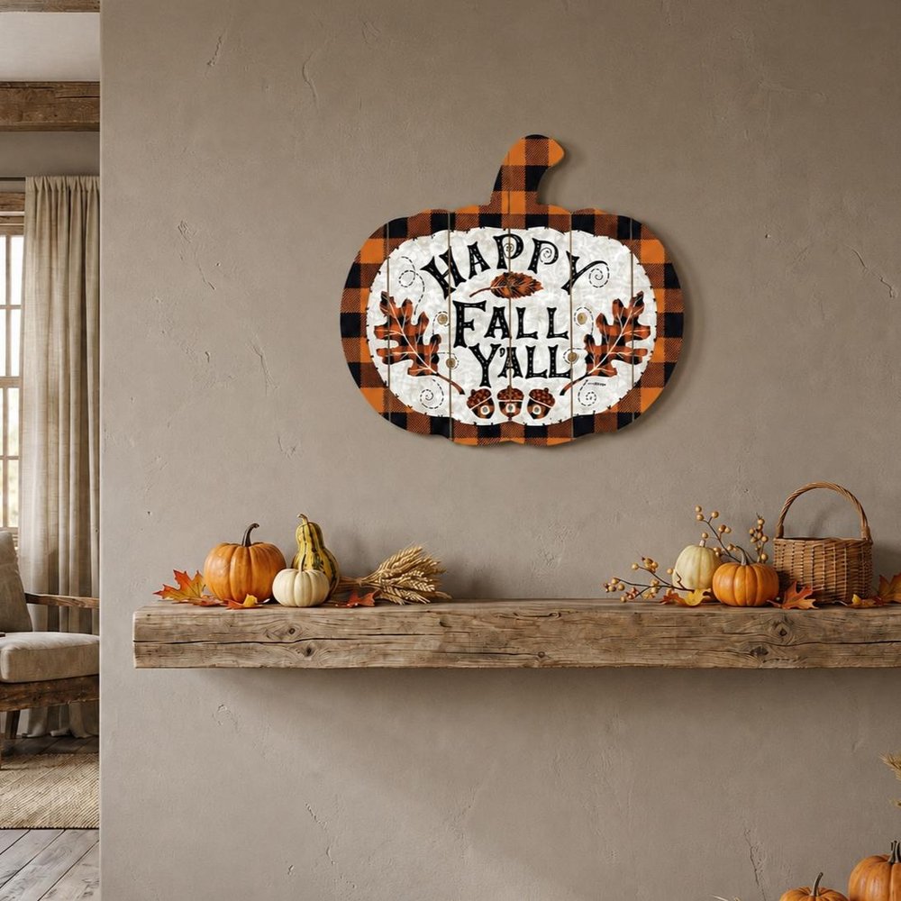 15" X 17" Black And Orange Wood Happy Fall Yall Pumpkin Hanging Dimensional Sculpture