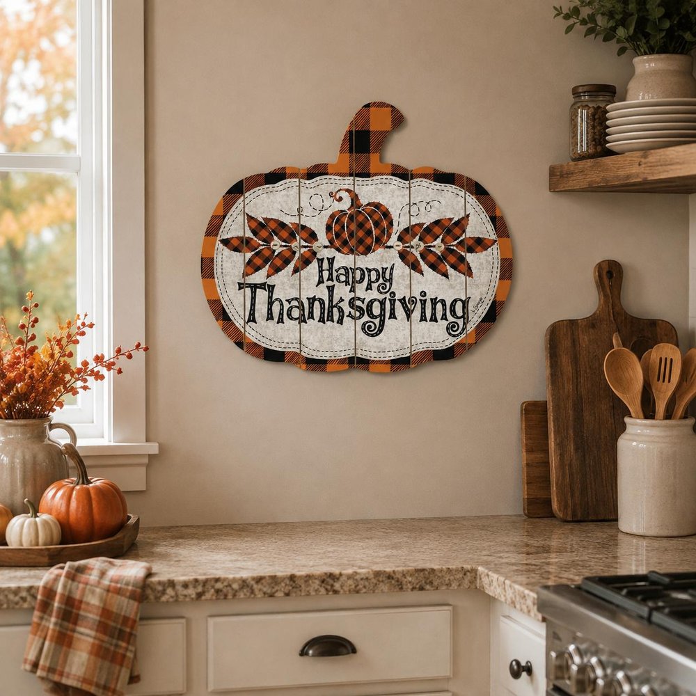 15" X 17" Black And Orange Wood Happy Thanksgiving Pumpkin Hanging Dimensional Sculpture