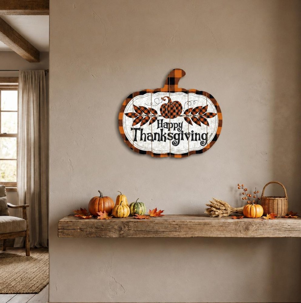 15" X 17" Black And Orange Wood Happy Thanksgiving Pumpkin Hanging Dimensional Sculpture
