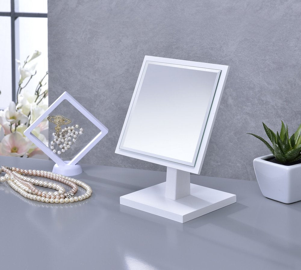 9" White Wood Square Freestanding Framed Makeup Shaving Tabletop Mirror