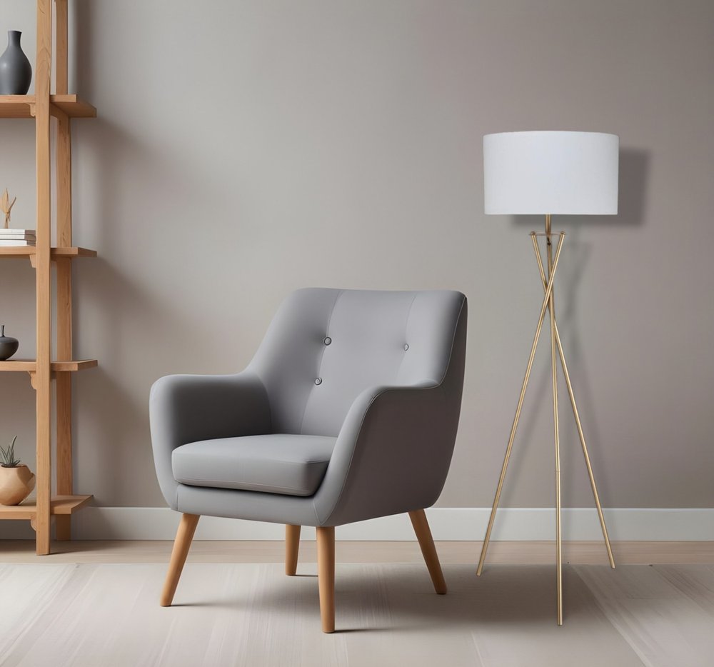 65" Gold And White Tripod Floor Lamp With White Fabric Drum Shade