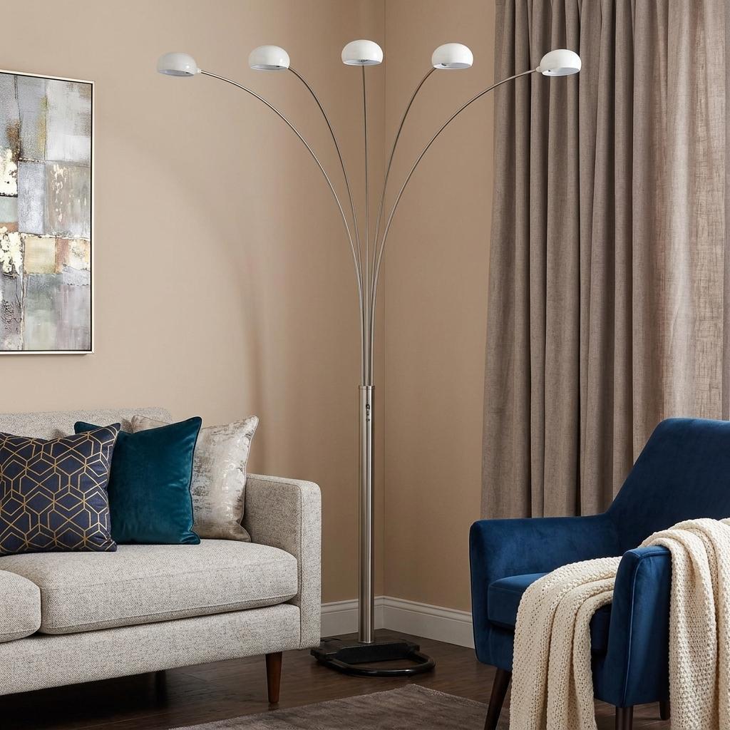 84" White Five Light Arc Floor Lamp With White Dome Shade