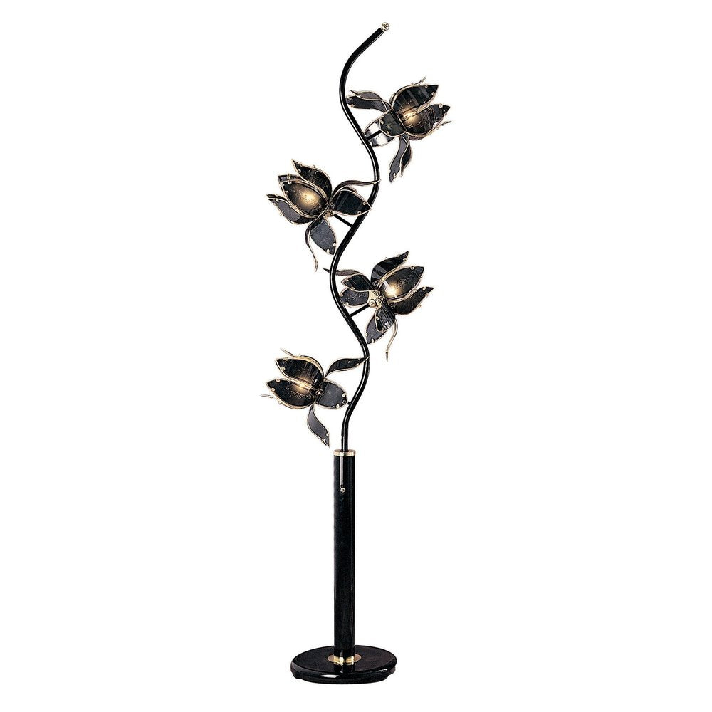 73" Black Metal Four Light LED Novelty Floor Lamp With Black Flowers Acrylic Shade