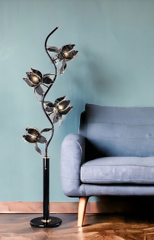 73" Black Metal Four Light LED Novelty Floor Lamp With Black Flowers Acrylic Shade