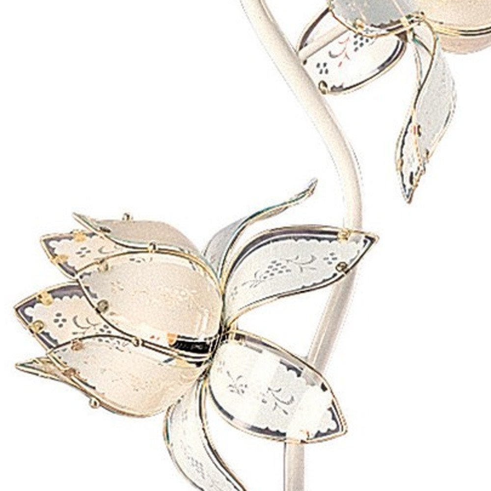 76" White And Gold Metal Four Light Tree Floor Lamp With White And Gold Flowers Frosted Glass Shade