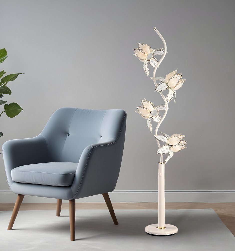76" White And Gold Metal Four Light Tree Floor Lamp With White And Gold Flowers Frosted Glass Shade