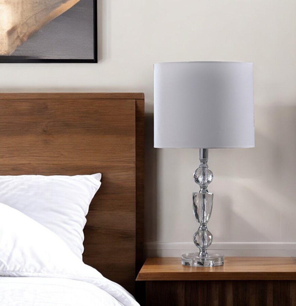 24" Clear And Silver Faux Crystal And Metal Table Lamp With White Drum Shade