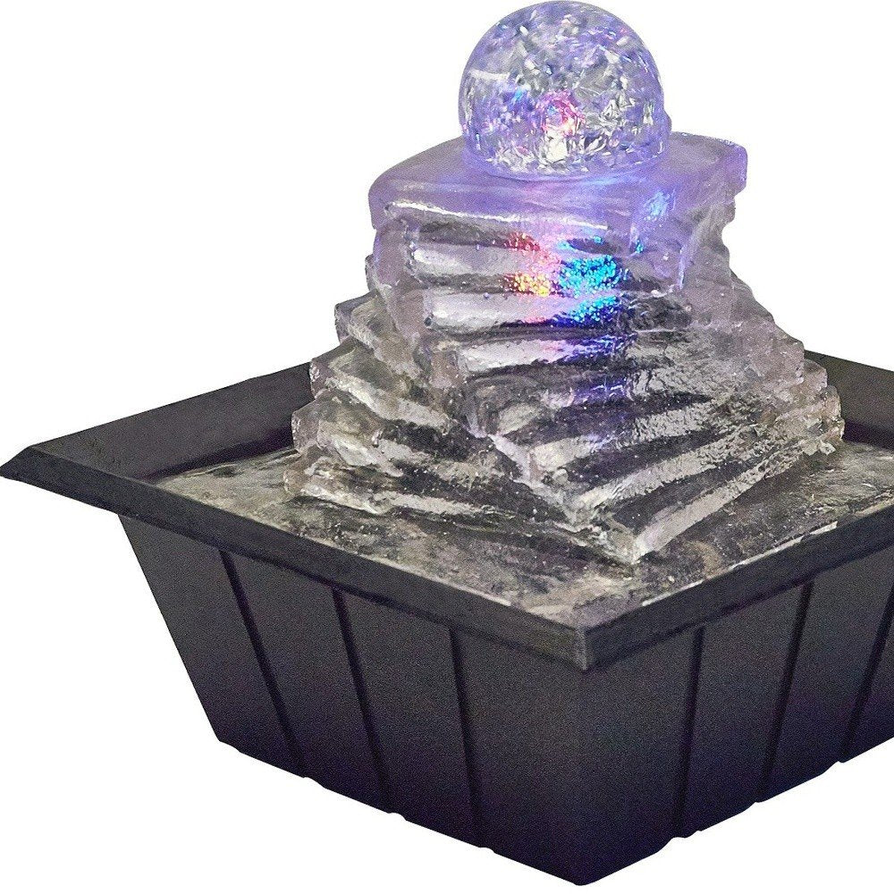 8" Clear Polyresin Ice Design Tabletop Fountain With LED